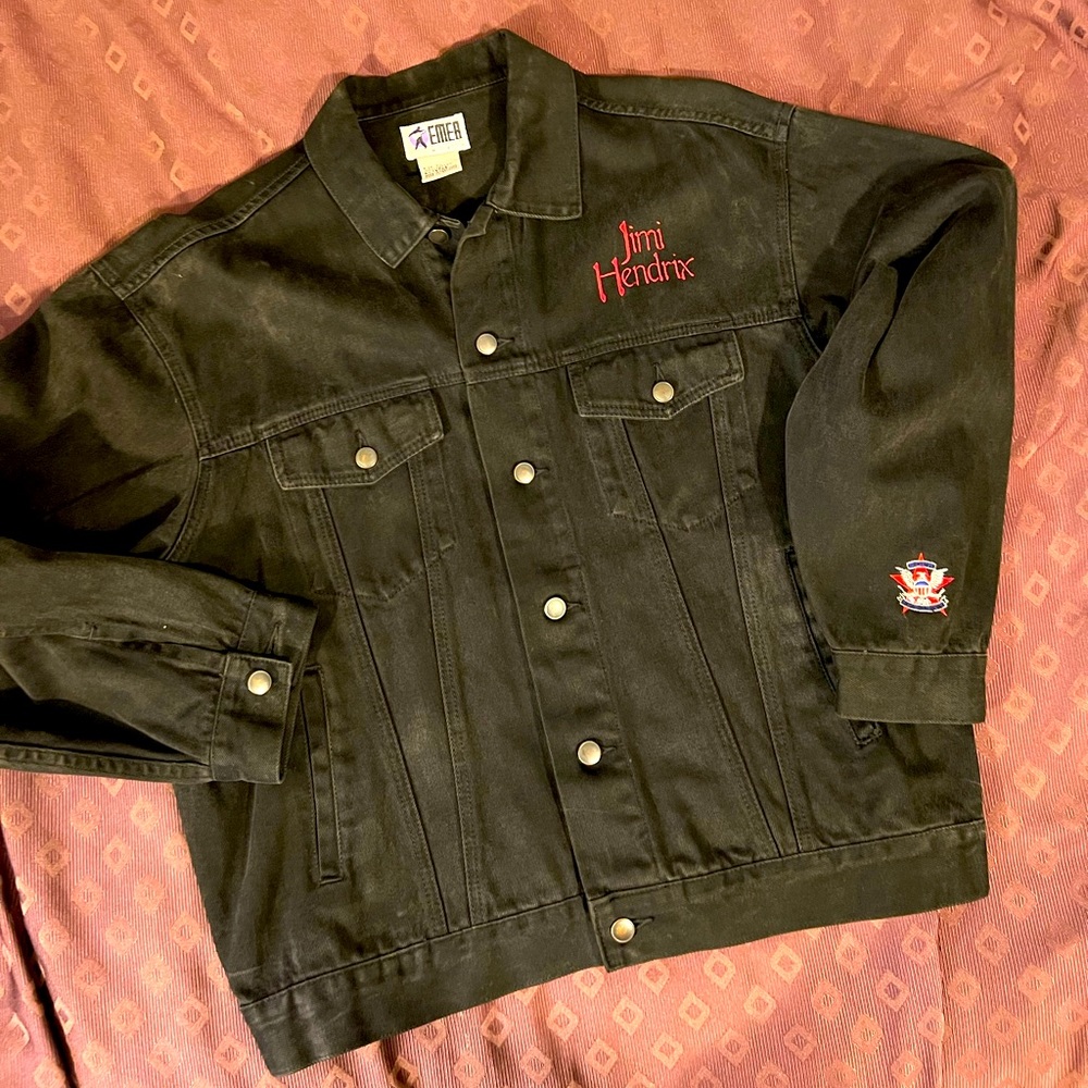 JIMI HENDRIX VINTAGE BLACK DENIM JACKET ⭐️ OFFICIAL ROCK EMBASSY NYC  1991 Sz XL